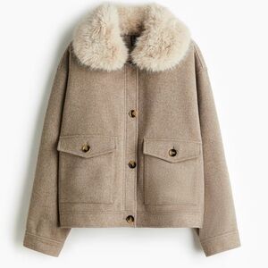 H&M Beige Teddy Jacket with Faux Fur Collar